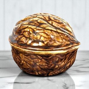 Vintage Hand Painted Ceramic Walnut Covered Dish: Signed Candy Bowl